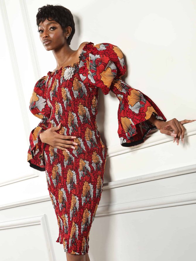 Ankara Mid-Length Red Flare Dress